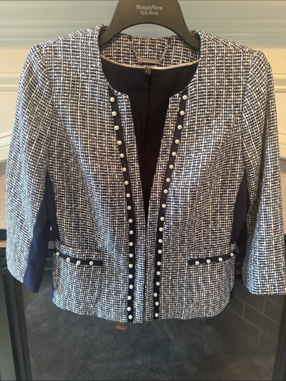 White House Black Market Navy and White Tweed Pearl-Trim Blazer